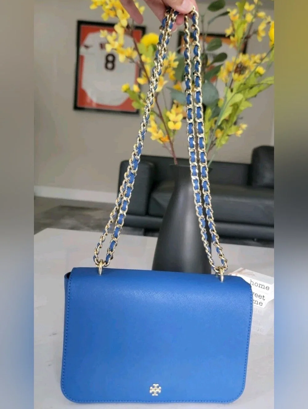 Tory Burch Blue Leather Small Crossbody Bag Shoulder Purse Gold Chain Strap